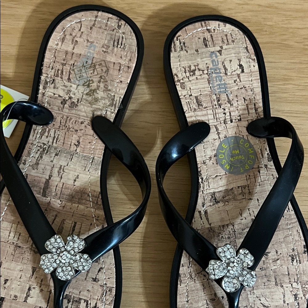 Capelli NWT Black Flip Flops with Stone Flower Accent - Picture 2 of 4